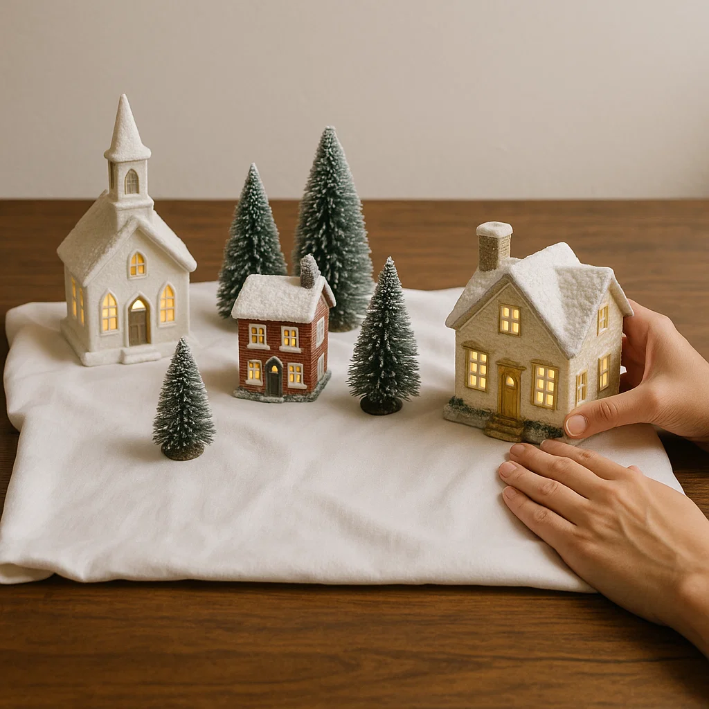 Person arranging lighted Christmas village houses and trees on white cloth.