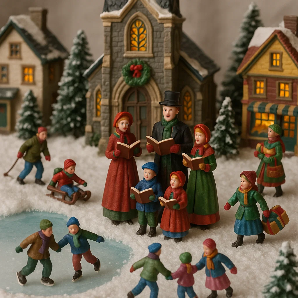 Carolers singing and children skating in snowy Christmas town.