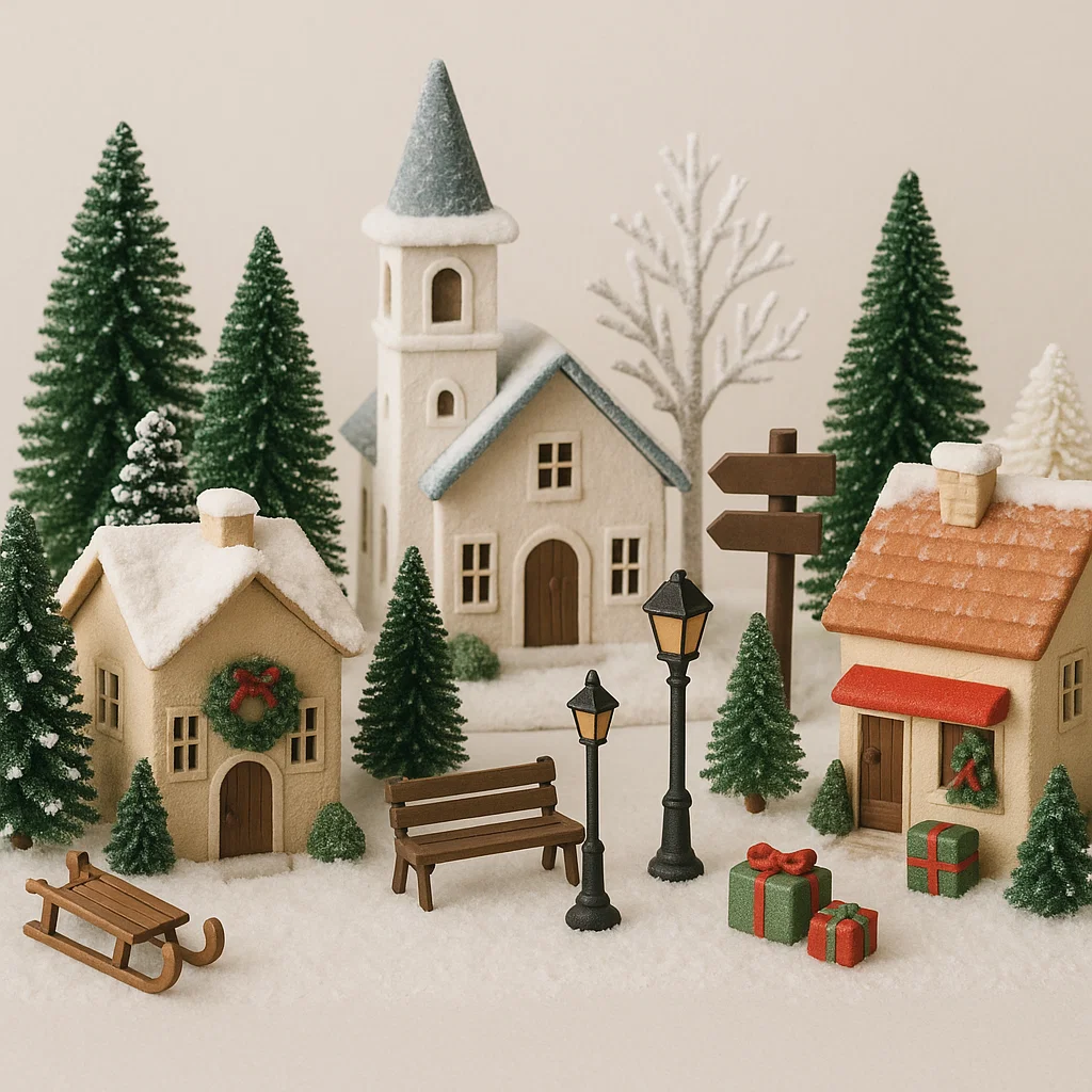 Mini Christmas village with snow houses, church, trees, and gifts.