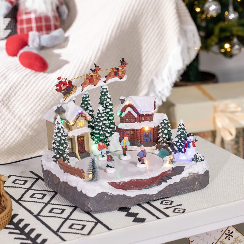 Santa sleigh flying above snowy Christmas village with skaters.