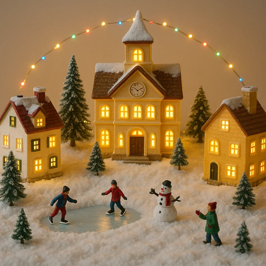 Christmas village with skaters, snowman, glowing houses, and festive lights.