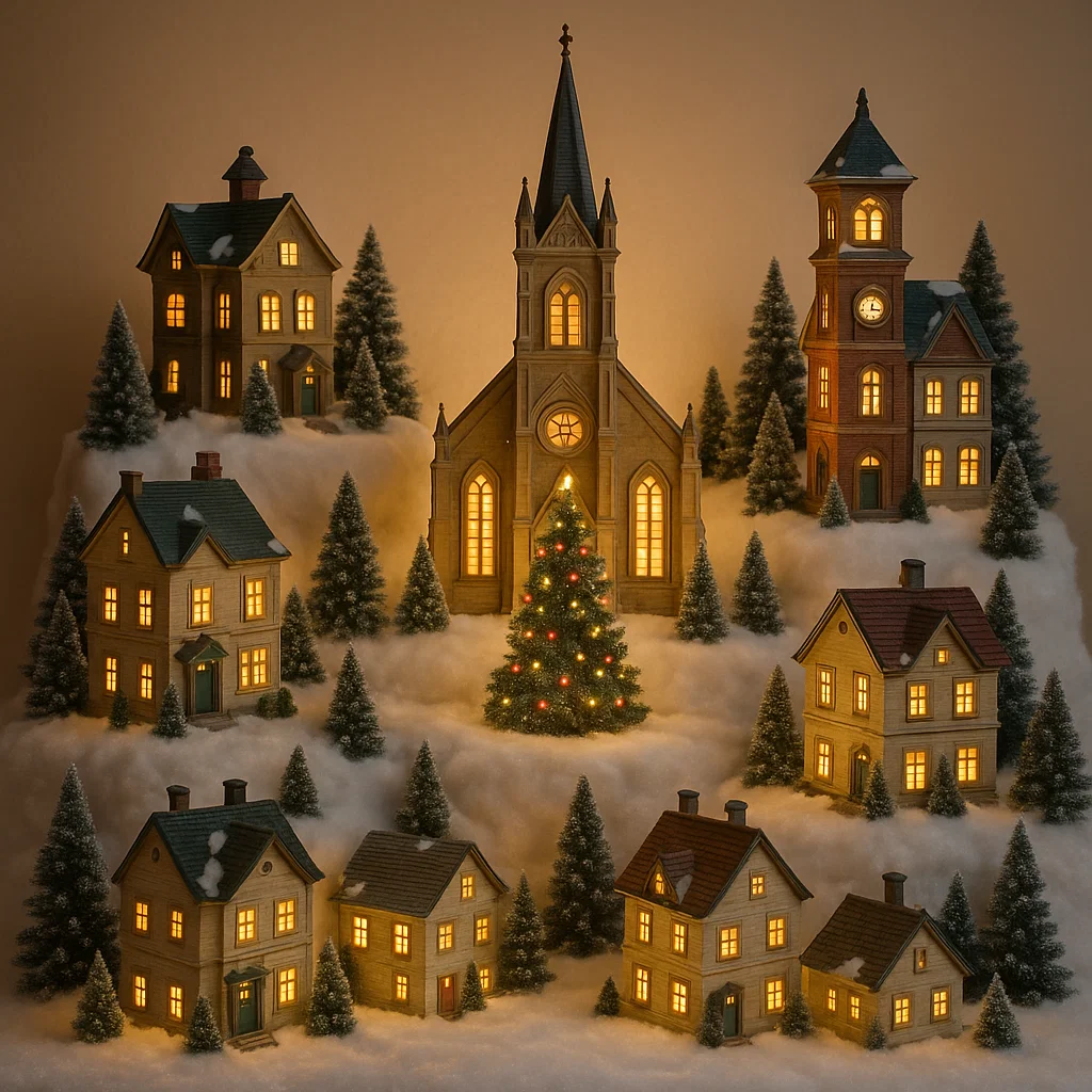 Illuminated Christmas village with central church and glowing houses.