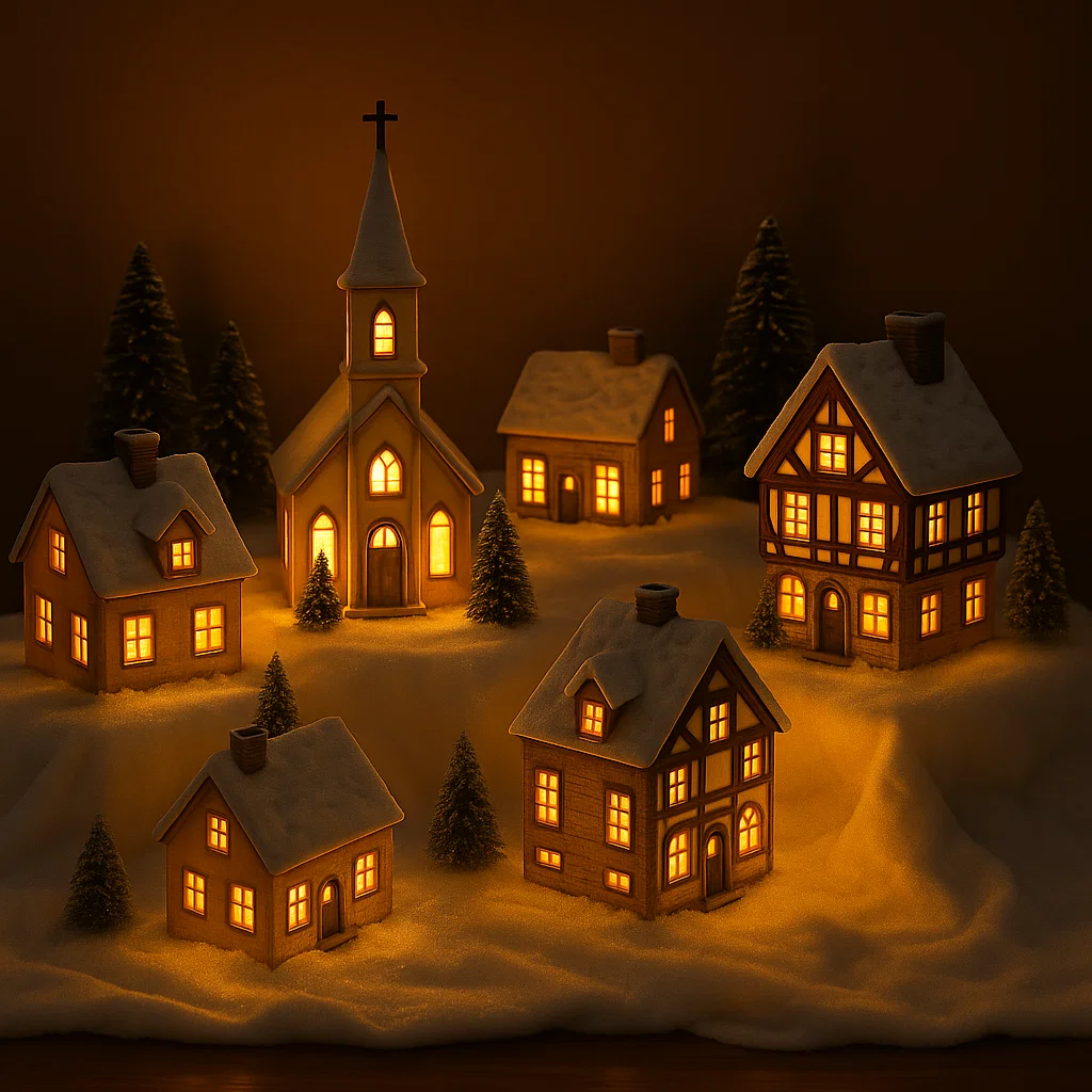 Illuminated Christmas village houses and church glowing warmly at night with lights.