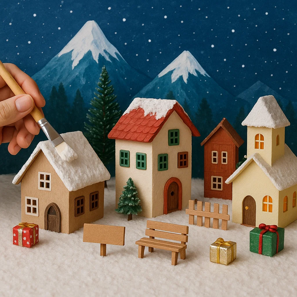 Person adding snow to small cardboard Christmas houses with brush.