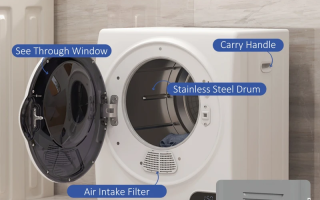 Compact front-load dryer with door open, showing drum ready for laundry drying cycle.