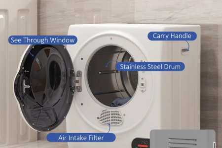 Compact front-load dryer with door open, showing drum ready for laundry drying cycle.