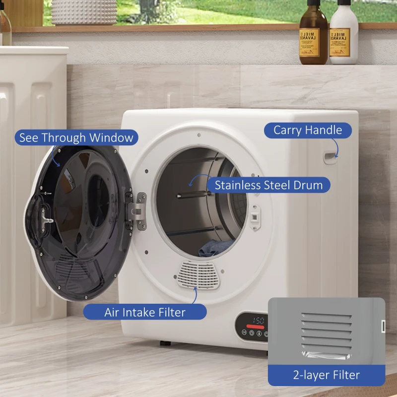 Compact front-load dryer with door open, showing drum ready for laundry drying cycle.