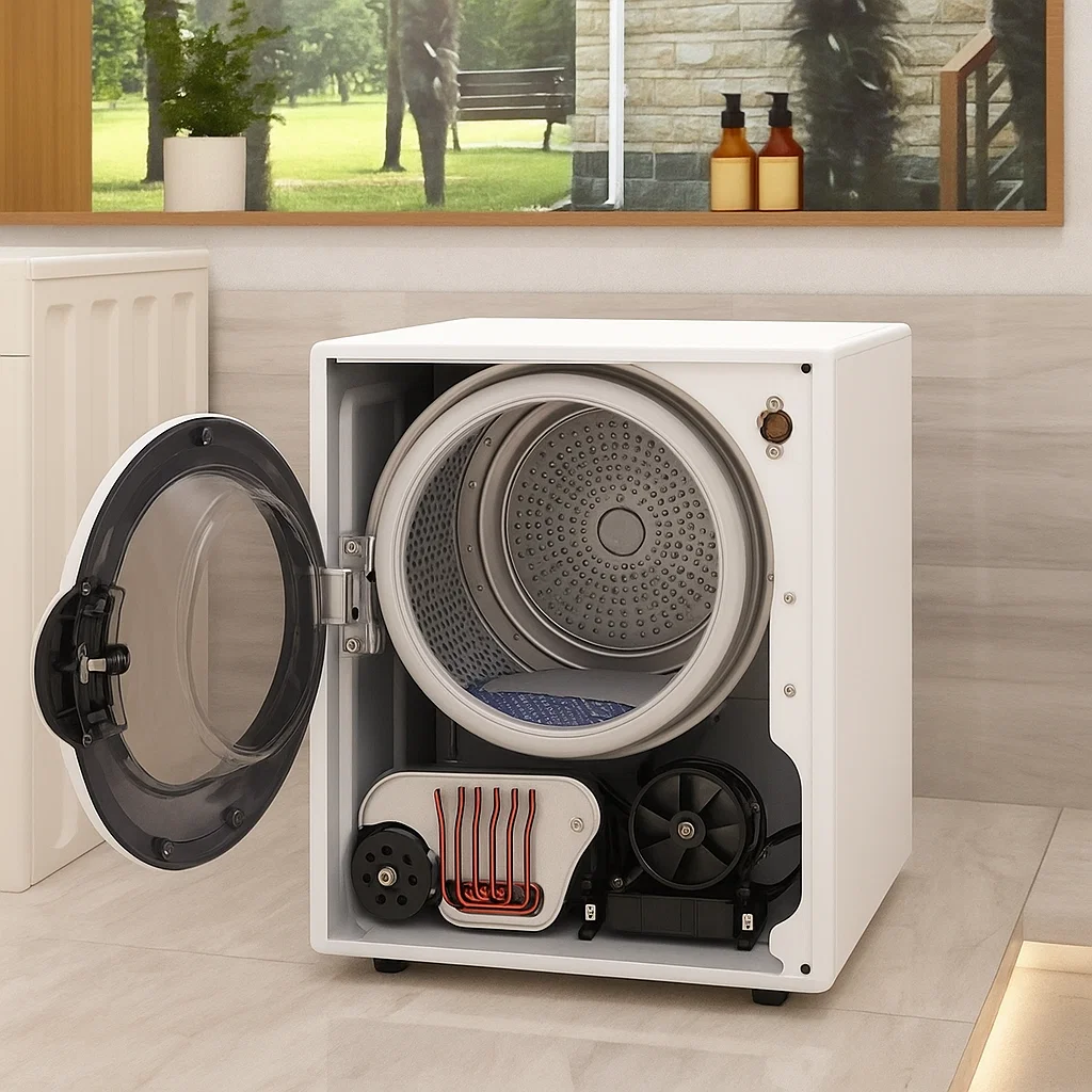 Open dryer revealing internal heating coils, drum, motor, and fan components.