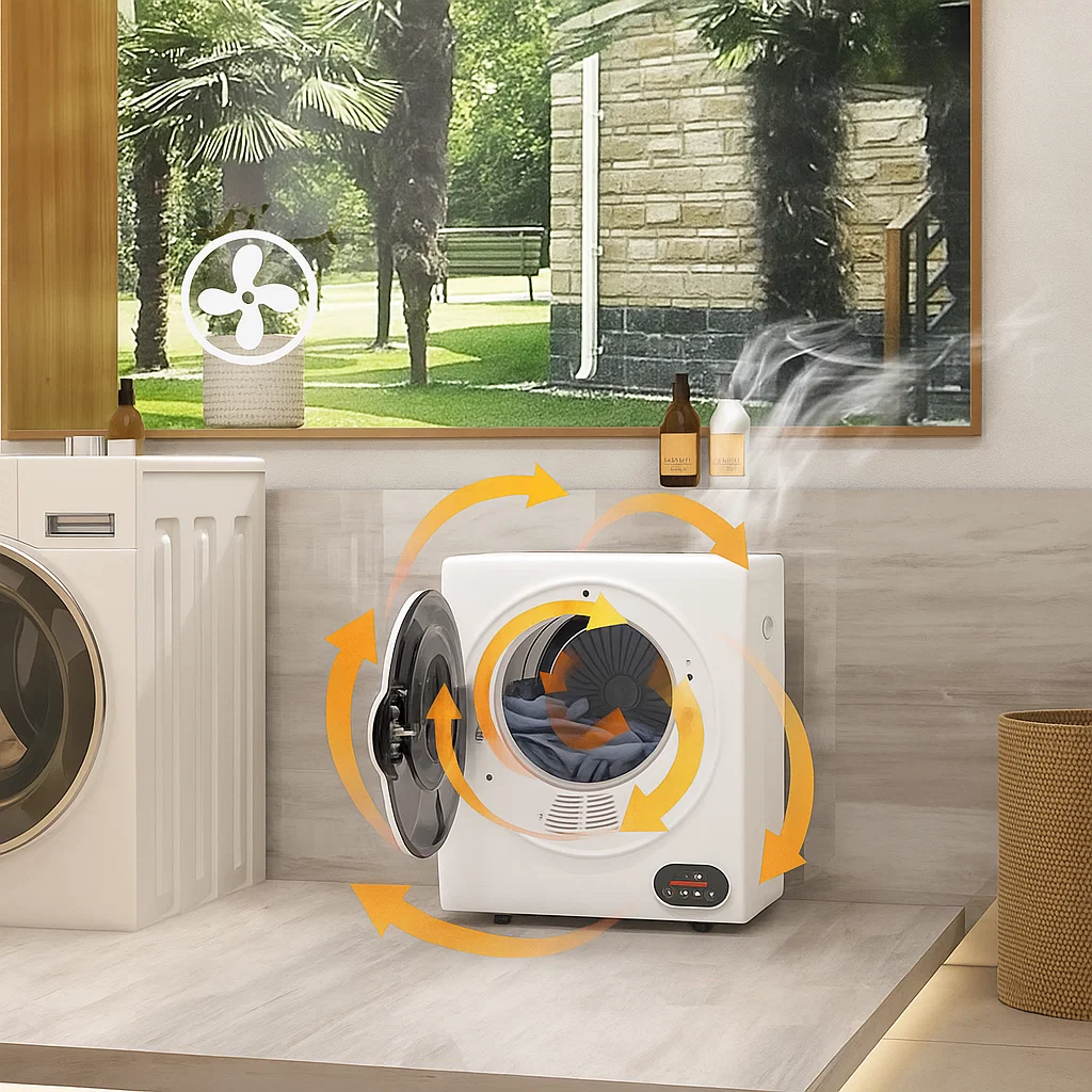 Dryer showing steam and airflow arrows illustrating ventilation during fabric drying.