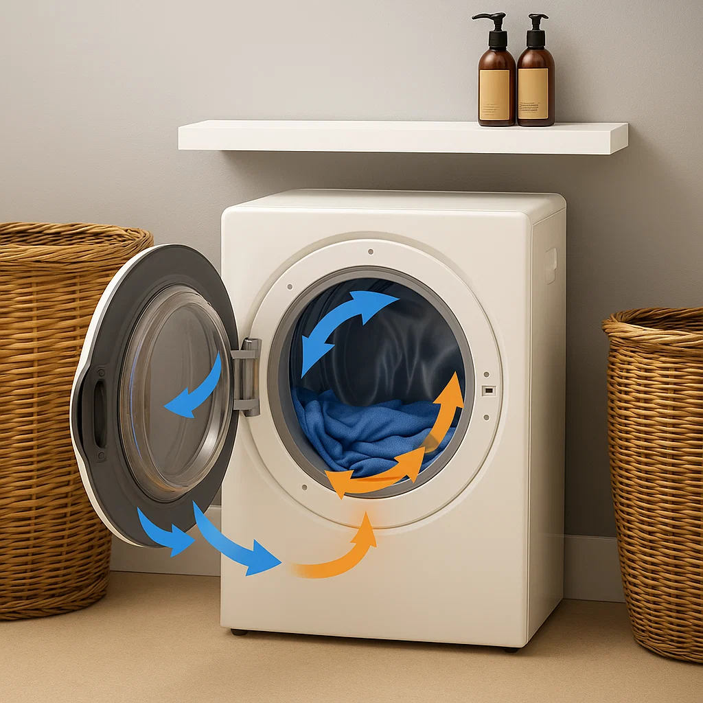 Illustration of hot and cool air circulation inside dryer drum during operation.