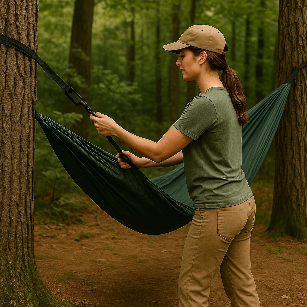 Camper adjusting hammock straps between two trees in forest.