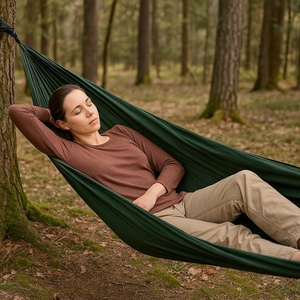 Woman lying diagonally in green hammock outdoors for comfort.