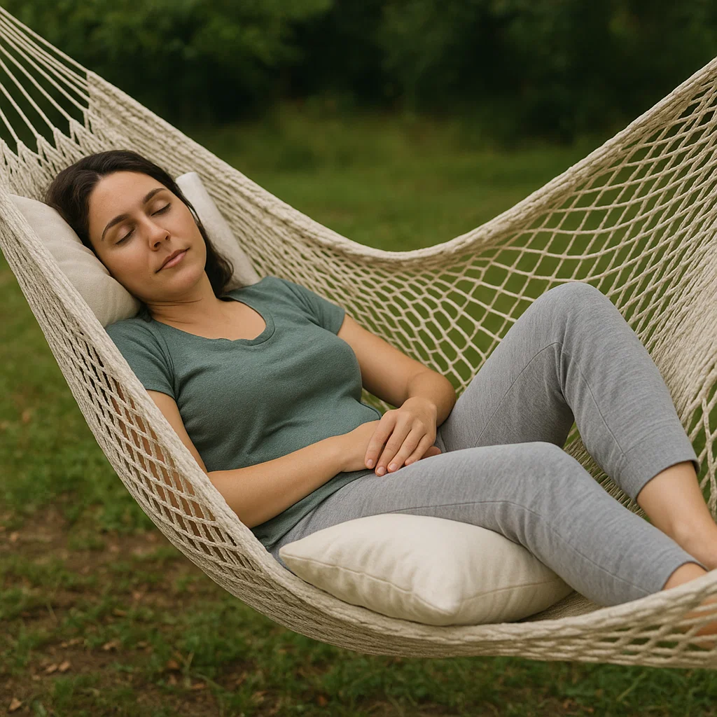 Woman relaxing in net hammock with white pillows for support.