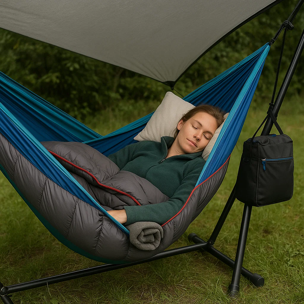 Camper sleeping in hammock with blanket and pillow under tarp.