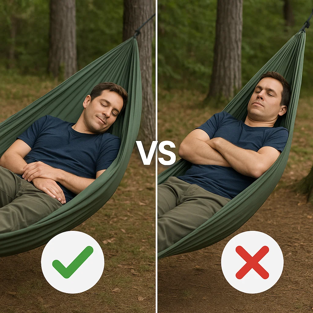 Man showing correct and incorrect hammock sleeping positions side by side.
