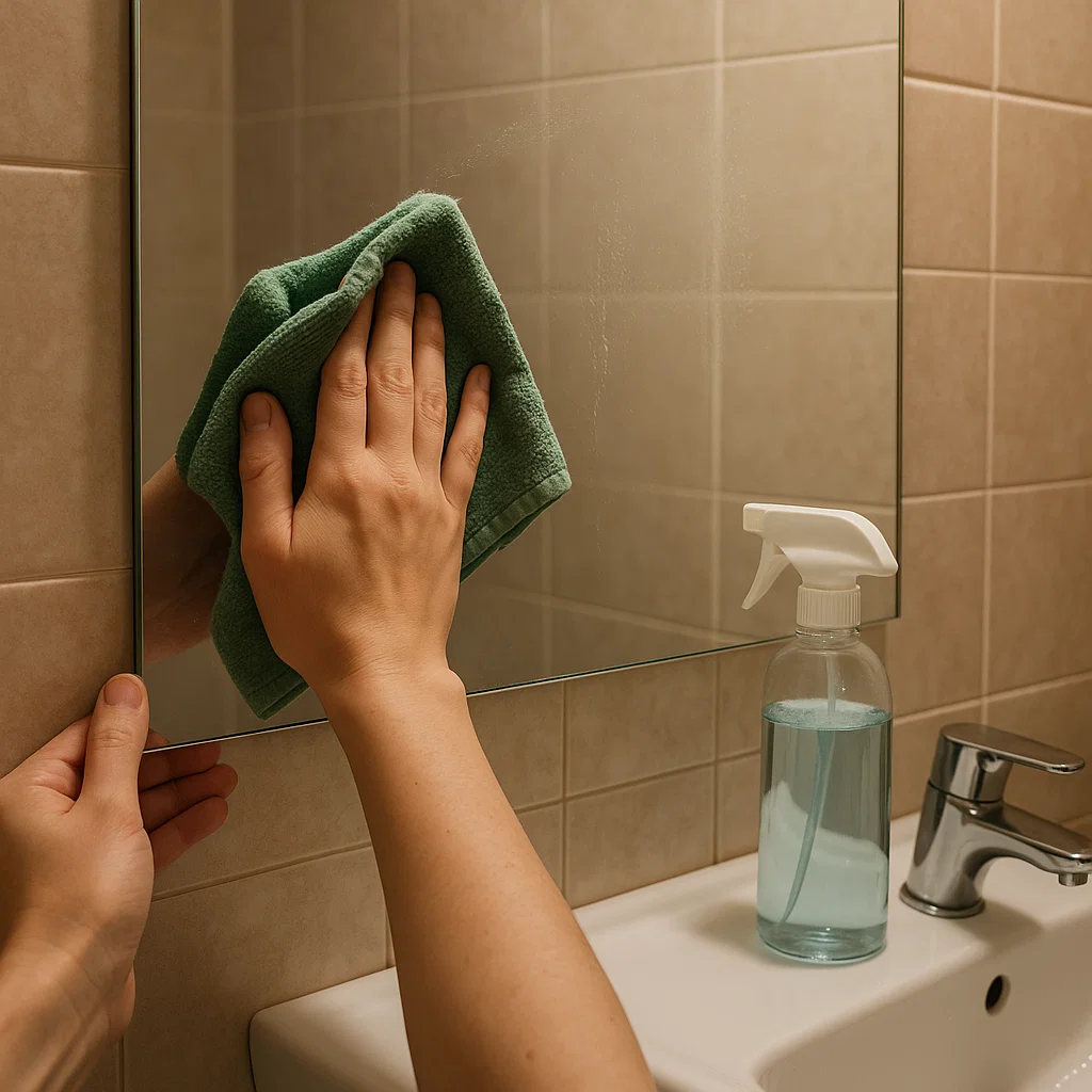 Clean the mirror thoroughly with glass cleaner and a lint-free cloth. A dust-free surface ensures the adhesive bonds well.