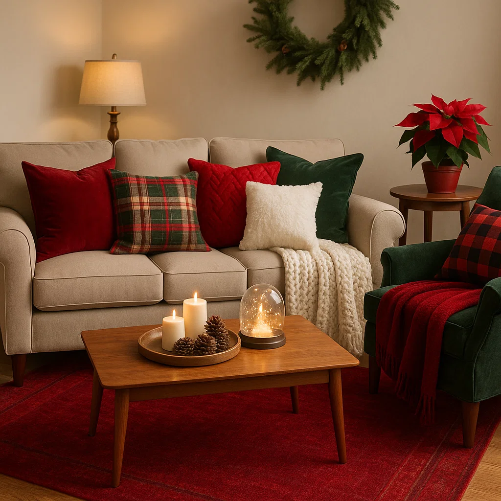 cozy sofa with plaid pillows, red throw, candles, and poinsettia plant.
