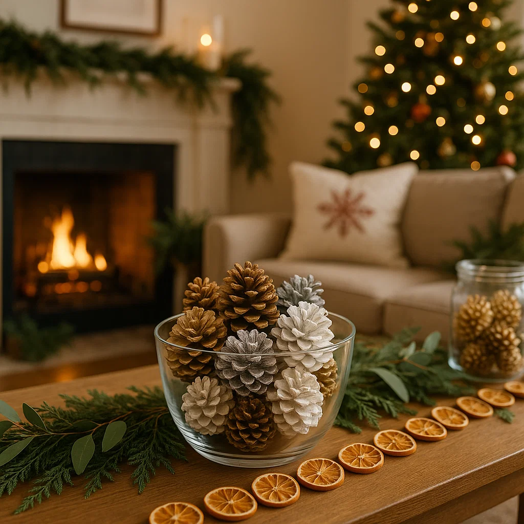 Bowl of painted pinecones with dried orange garland on wooden table.