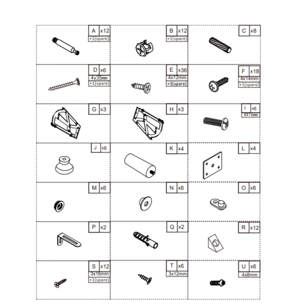 Hardware kit with screws, brackets, fittings, and cabinet parts.