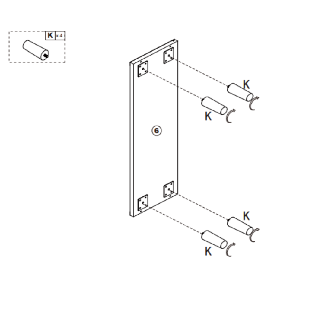 Cylindrical spacers inserted into back panel mounting holes.