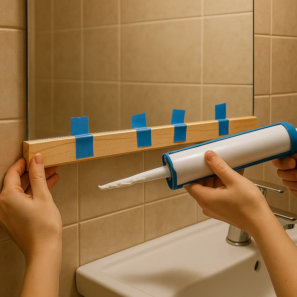 Apply construction adhesive to the back of each frame piece, press firmly onto the mirror.