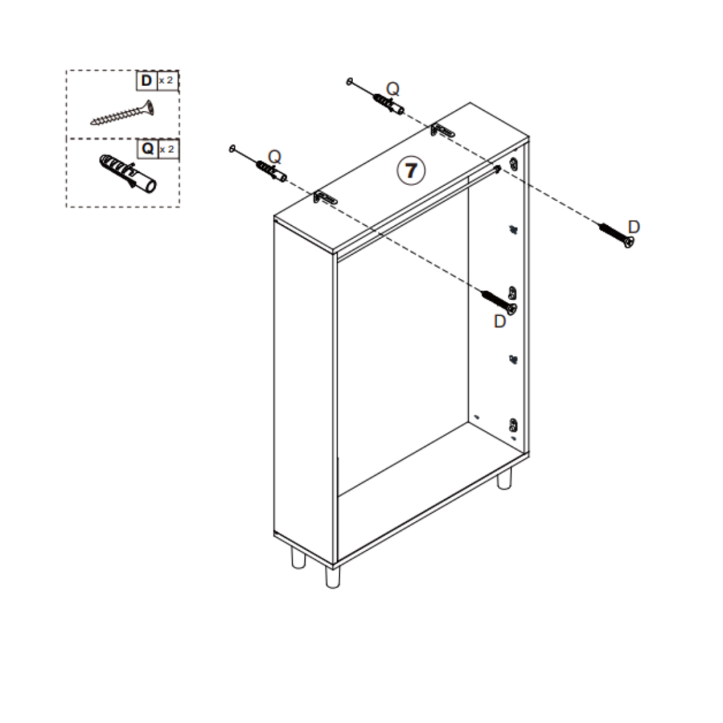 Expansion fittings and screws securing cabinet to wall.