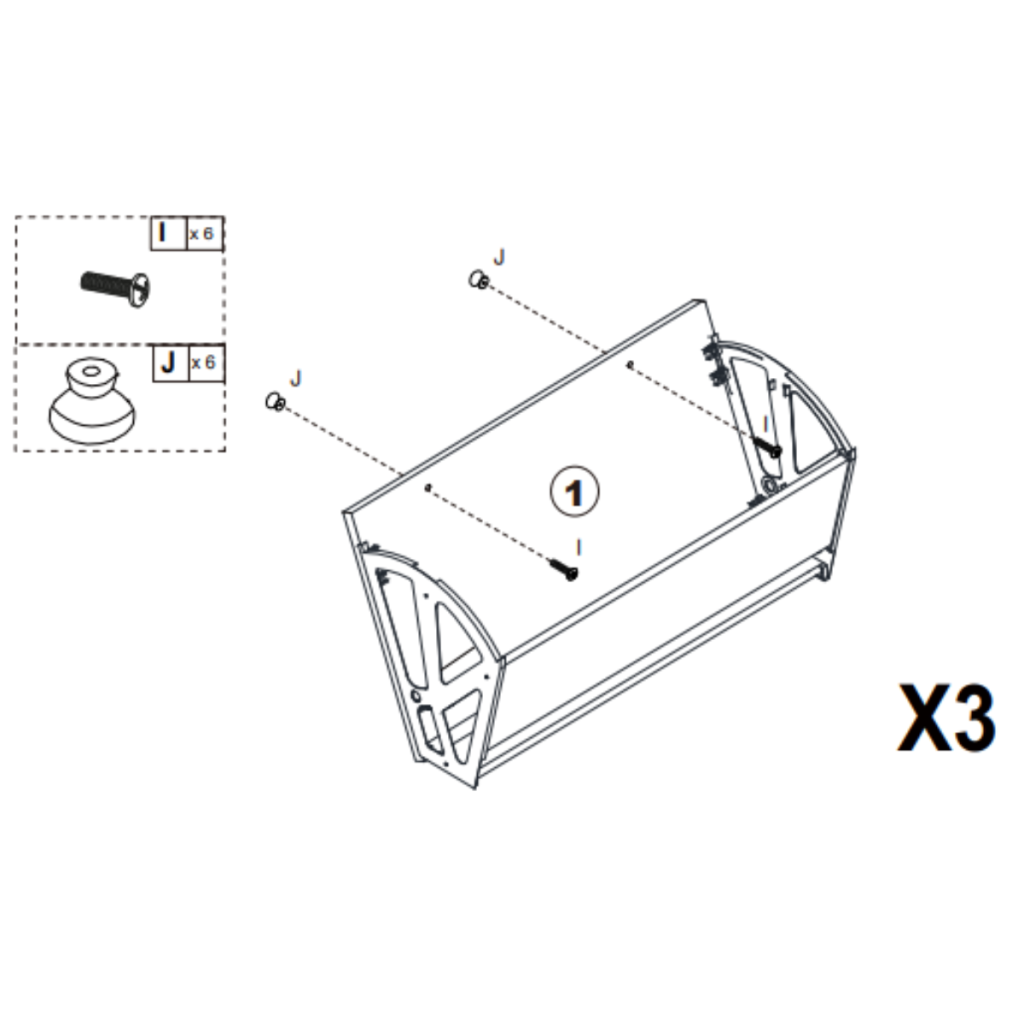 Bolts and round feet connected to bottom cabinet panel.