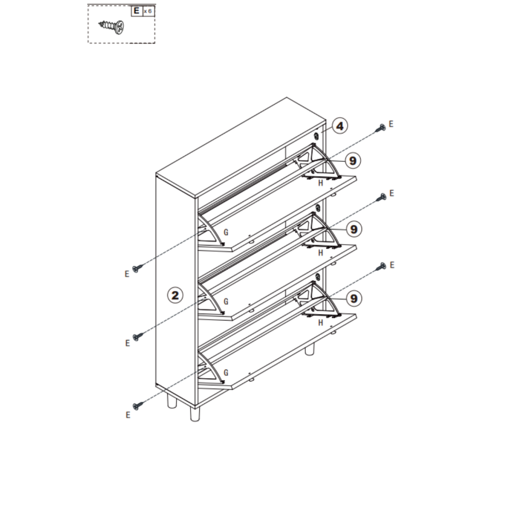 Shoe cabinet doors attached to side panels with screws.