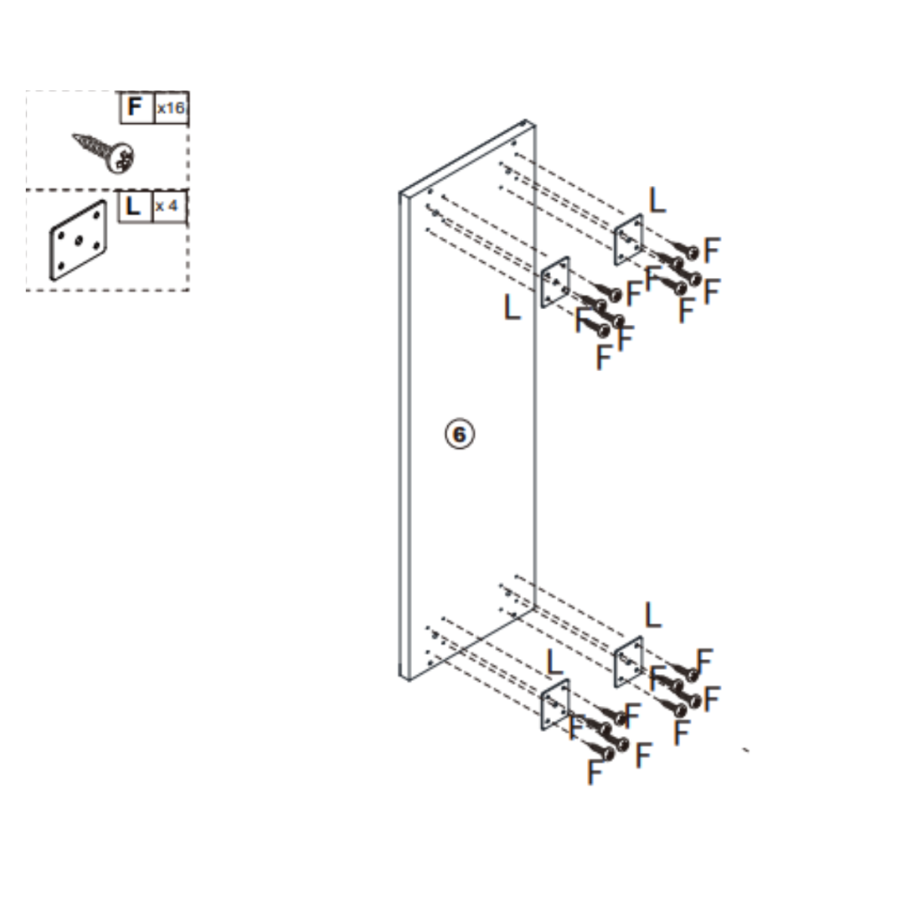 Metal corner plates secured with screws to cabinet side panel.