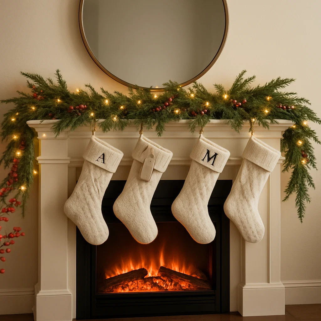 Christmas stockings hanging on decorated mantel with garland and glowing fireplace.