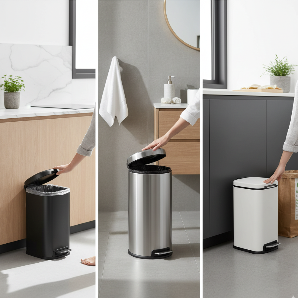 Black, silver, and white pedal bins shown in modern interiors.