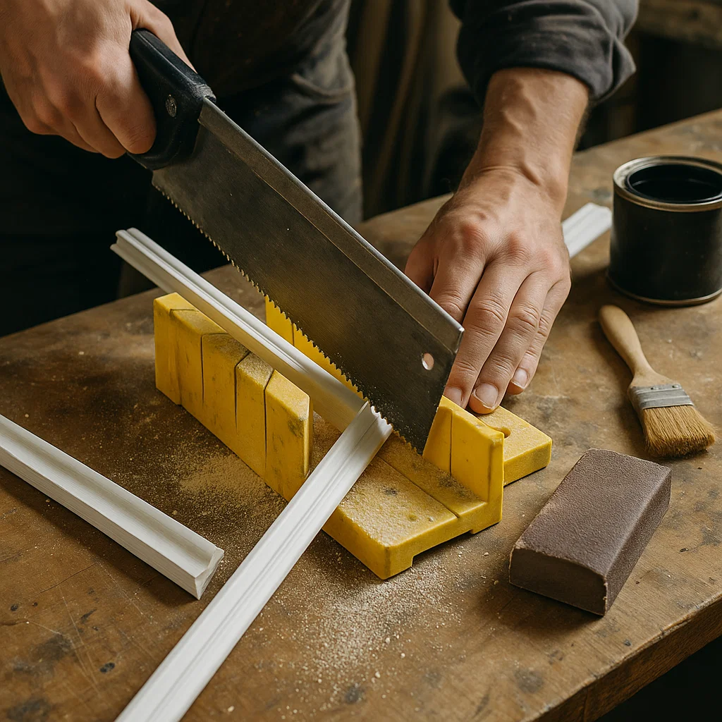 Cut trim pieces at precise 45° angles using a miter box and saw. Sand the edges smoothly to prepare them for assembly.