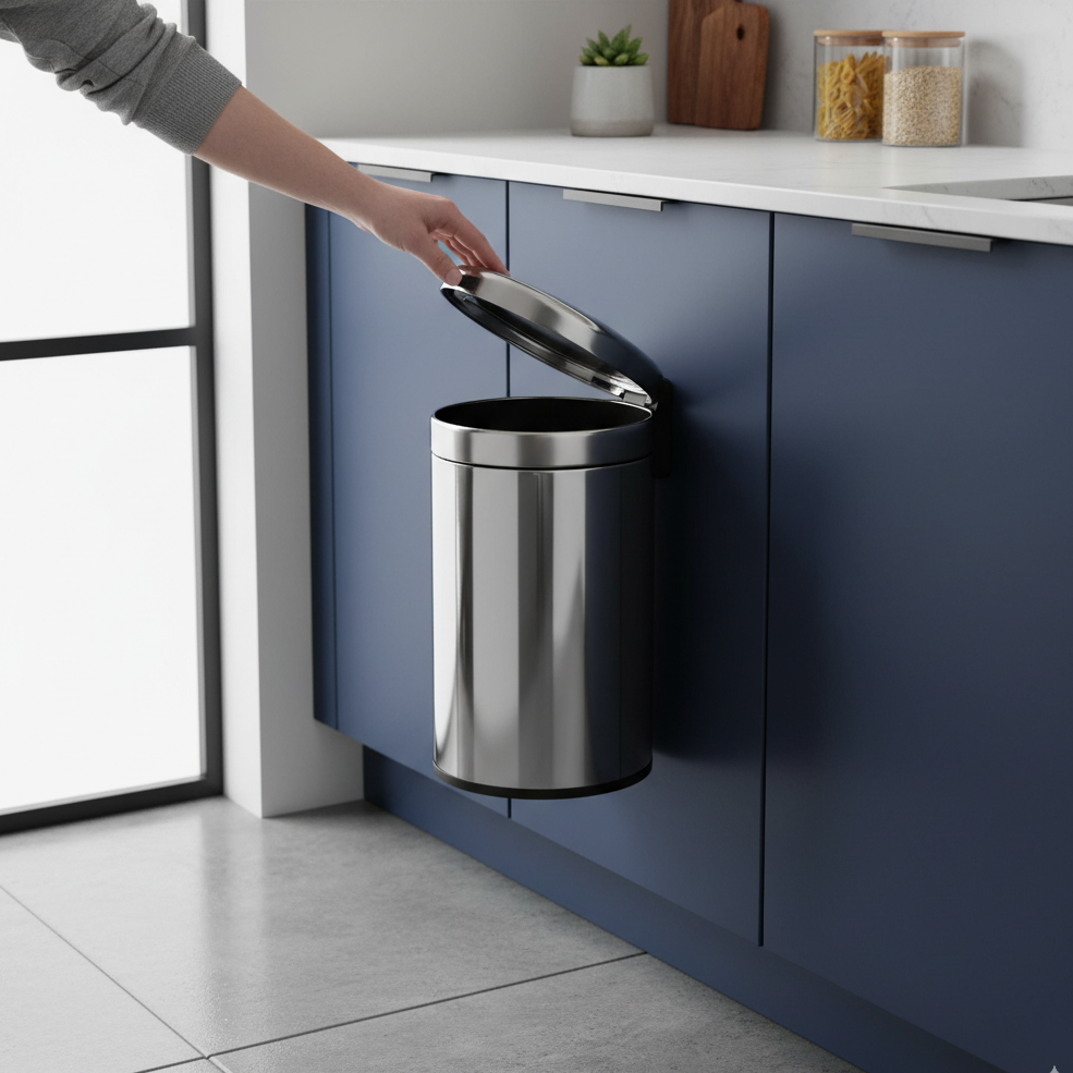 Stainless steel wall-mounted garbage bin with lid open in kitchen.