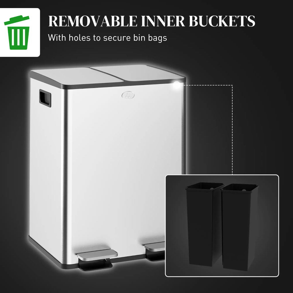 Silver dual-pedal bin with removable inner buckets for bag support.