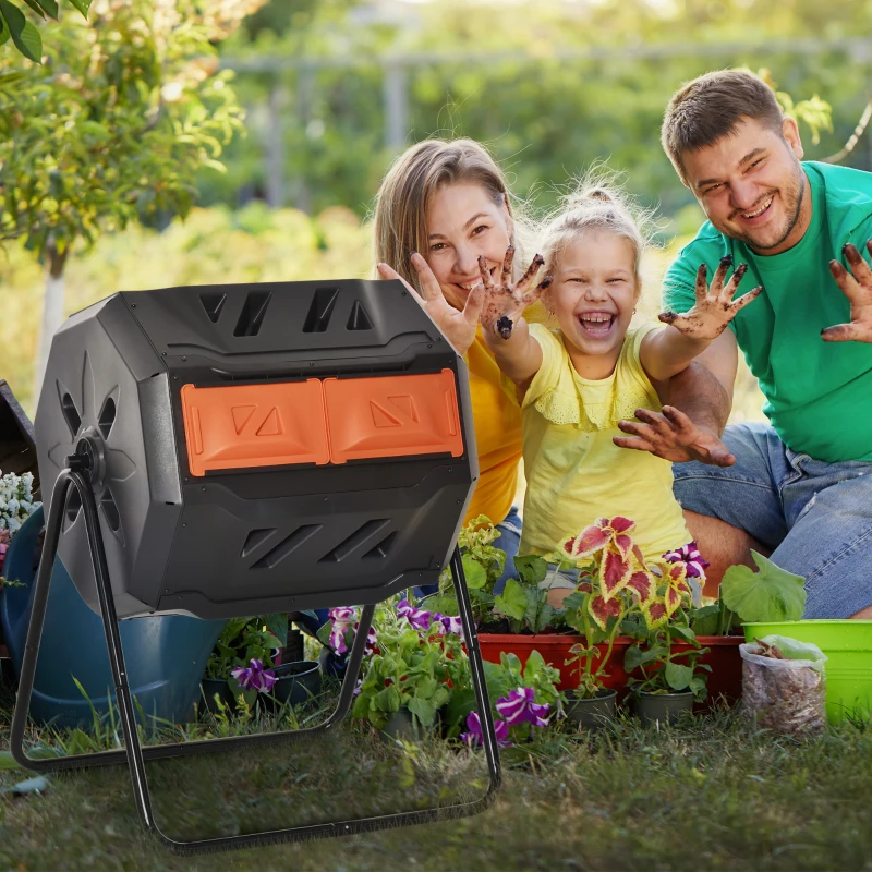 Family gardening outdoors with rotating compost bin and happy children.