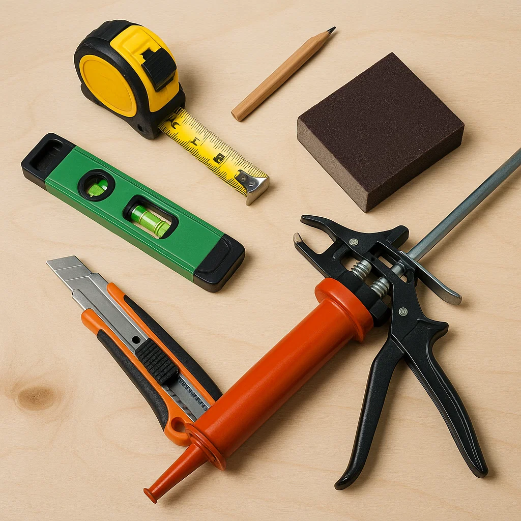 Gather essentials like a measuring tape, level, miter box with saw, sandpaper, adhesive, caulking gun, and wood trim pieces before starting.