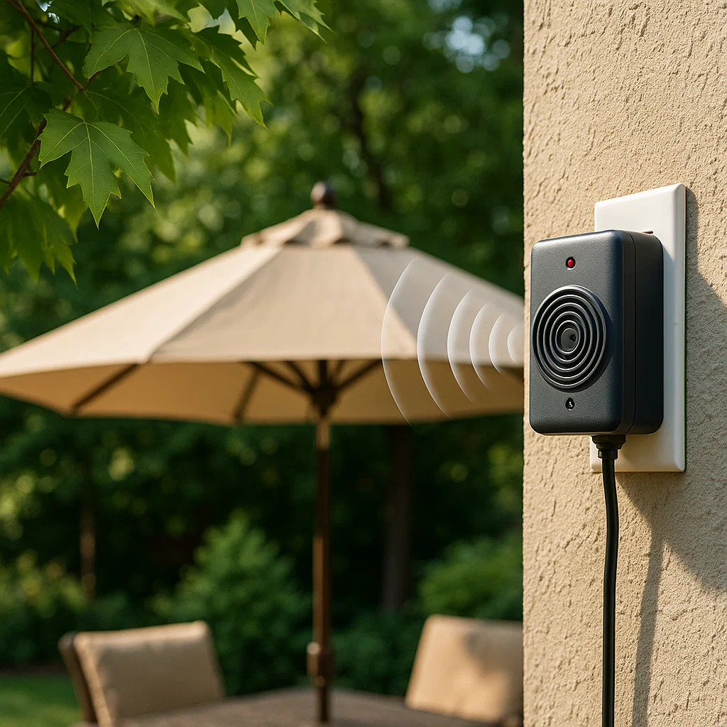Ultrasonic pest repeller plugged into wall beside patio umbrella.
