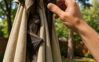 Bat resting inside folded patio umbrella while person adjusts fabric.