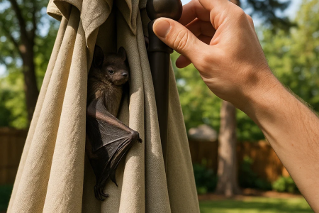 Bat resting inside folded patio umbrella while person adjusts fabric.