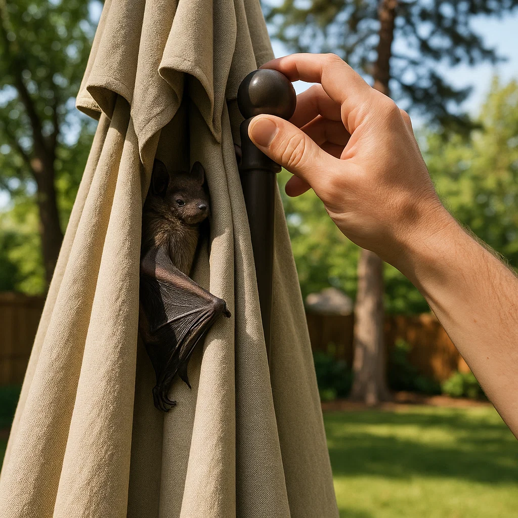 Bat resting inside folded patio umbrella while person adjusts fabric.