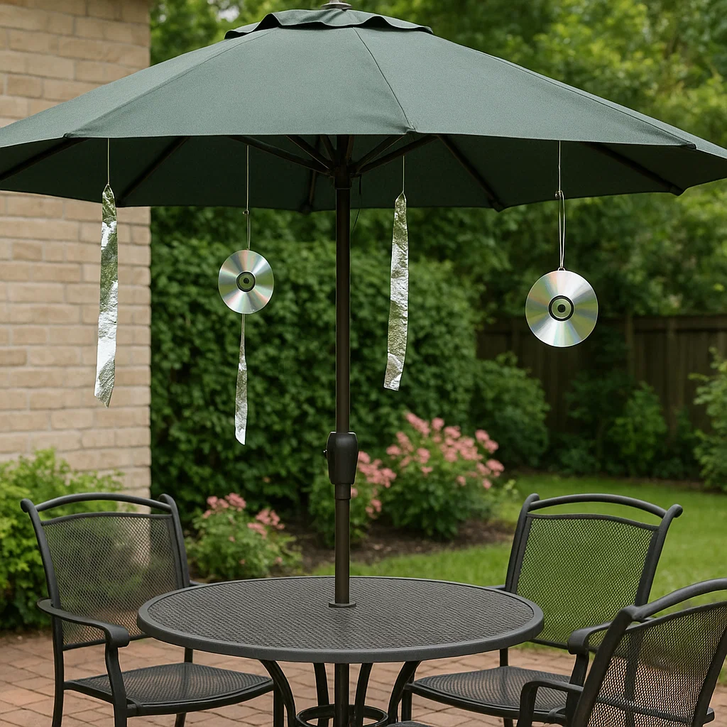 Patio umbrella with hanging CDs and foil strips as reflectors.