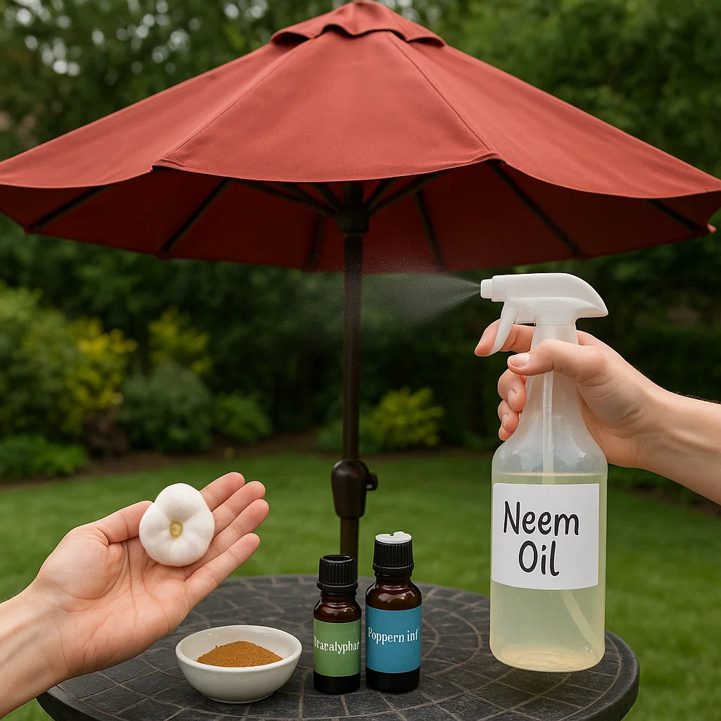 Hand spraying neem oil near patio umbrella to repel bats.