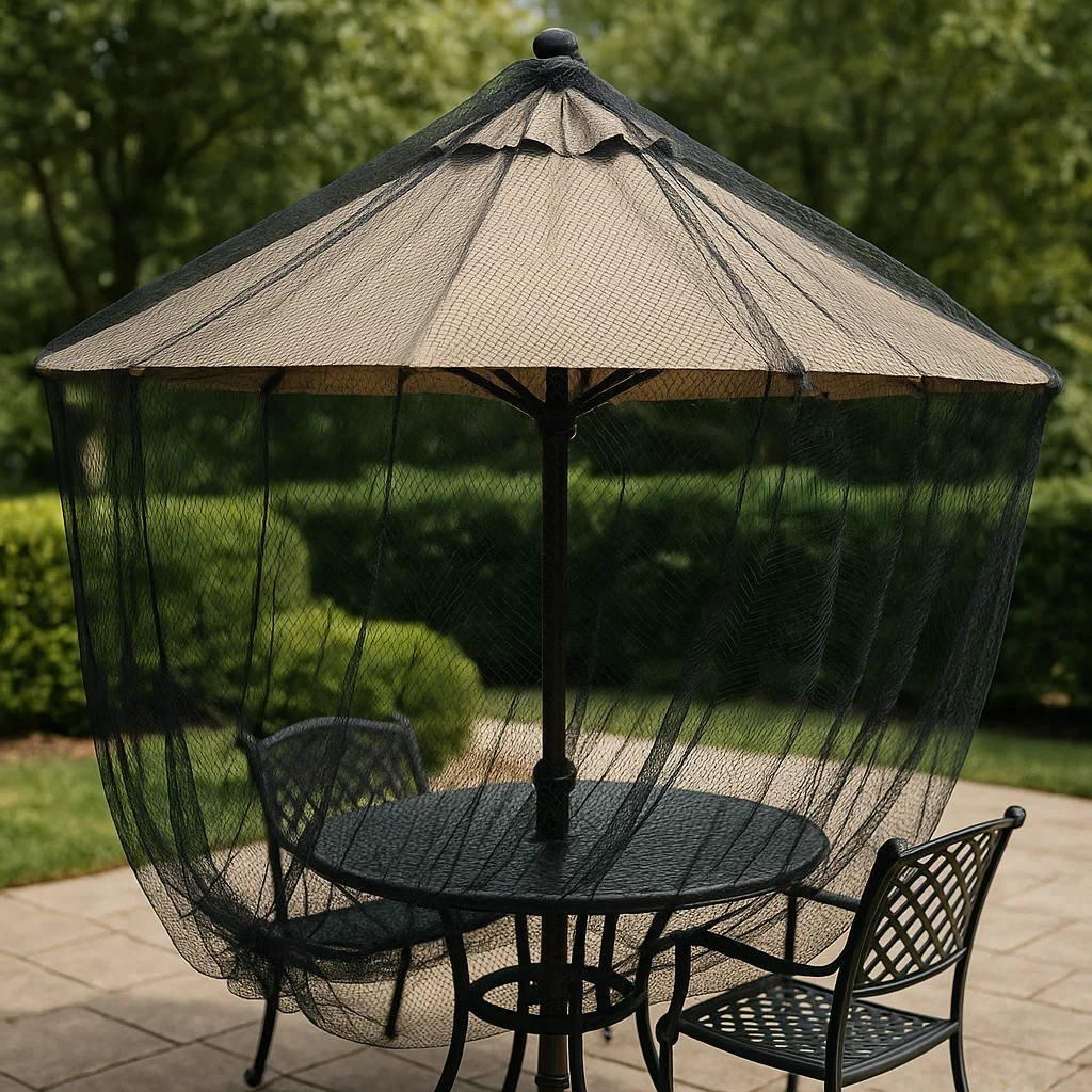 Outdoor patio umbrella covered with fine black protective netting.
