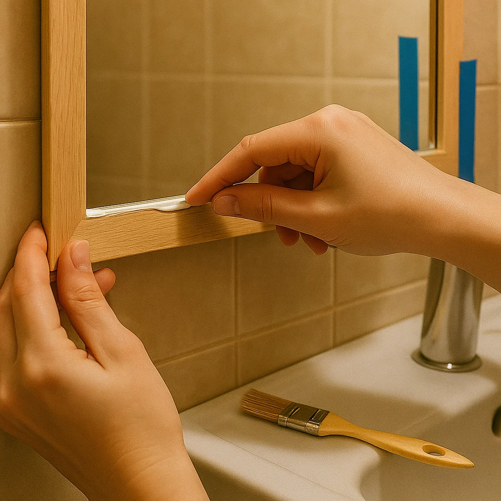 Apply construction adhesive to the back of each frame piece, press firmly onto the mirror, and hold in place with painter’s tape. Let it set before removing the tape.