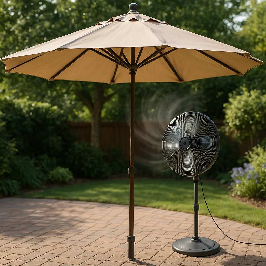 Standing fan blowing air near outdoor umbrella on patio.