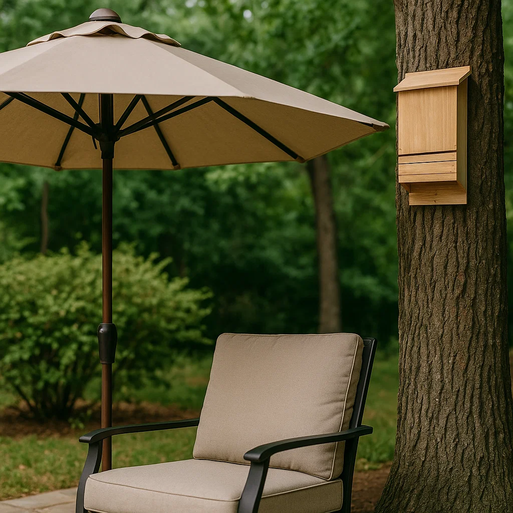 Wooden bat house mounted on tree near patio umbrella.