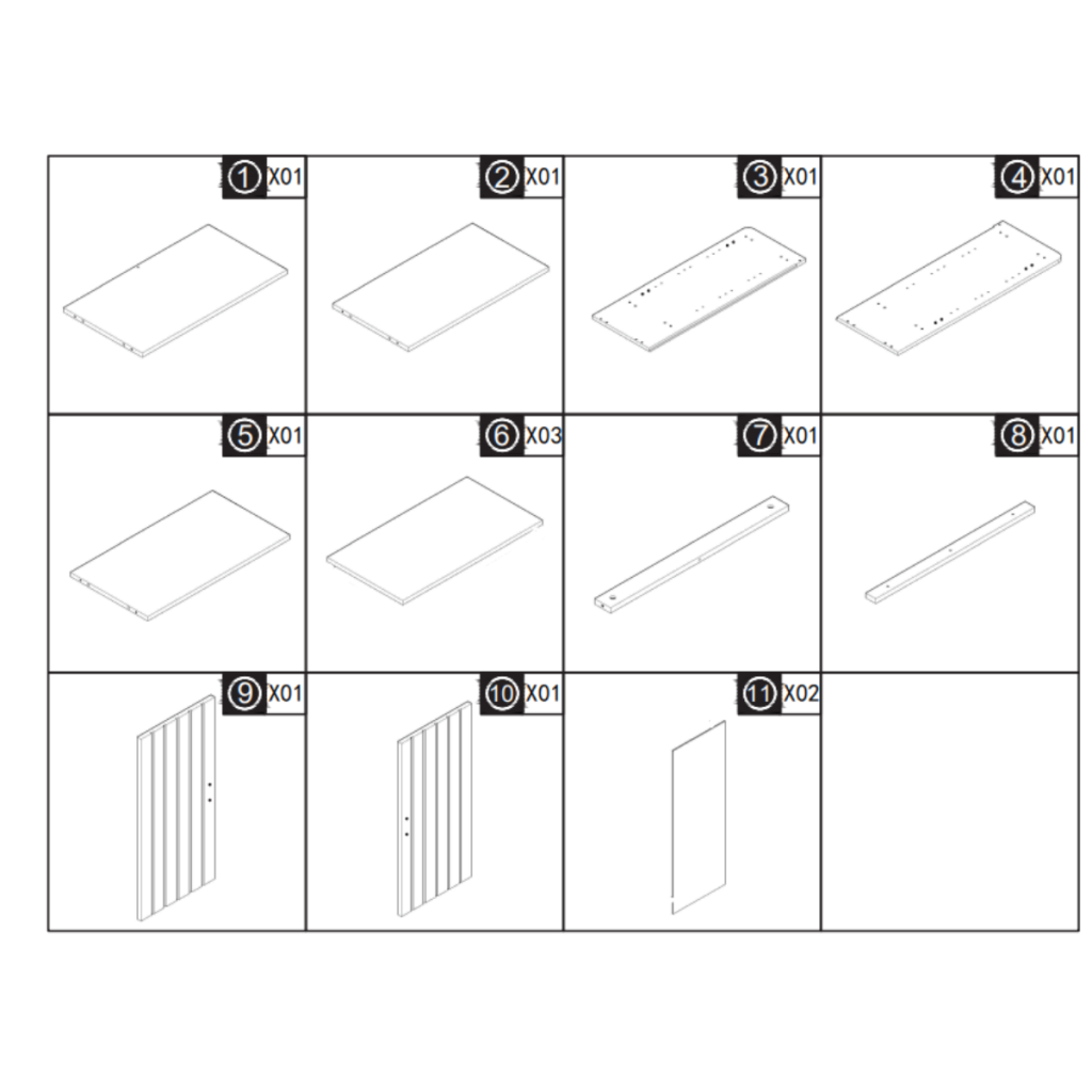 Complete set of labeled wooden panels and parts for shoe cabinet assembly