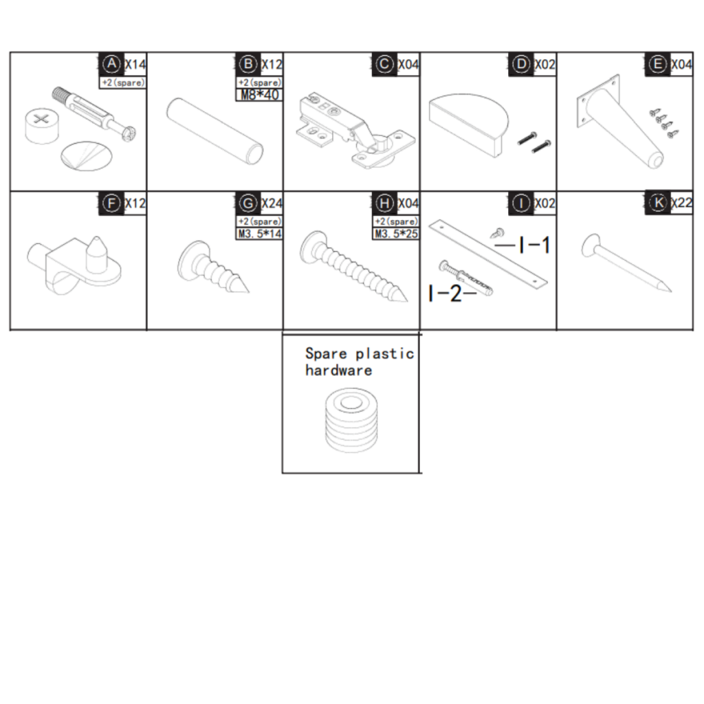 Complete set of cabinet hardware including screws, dowels, hinges, and brackets.
