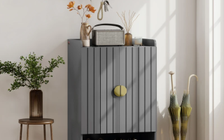 Front view of finished HOMCOM shoe cabinet with grey doors and storage shelves.