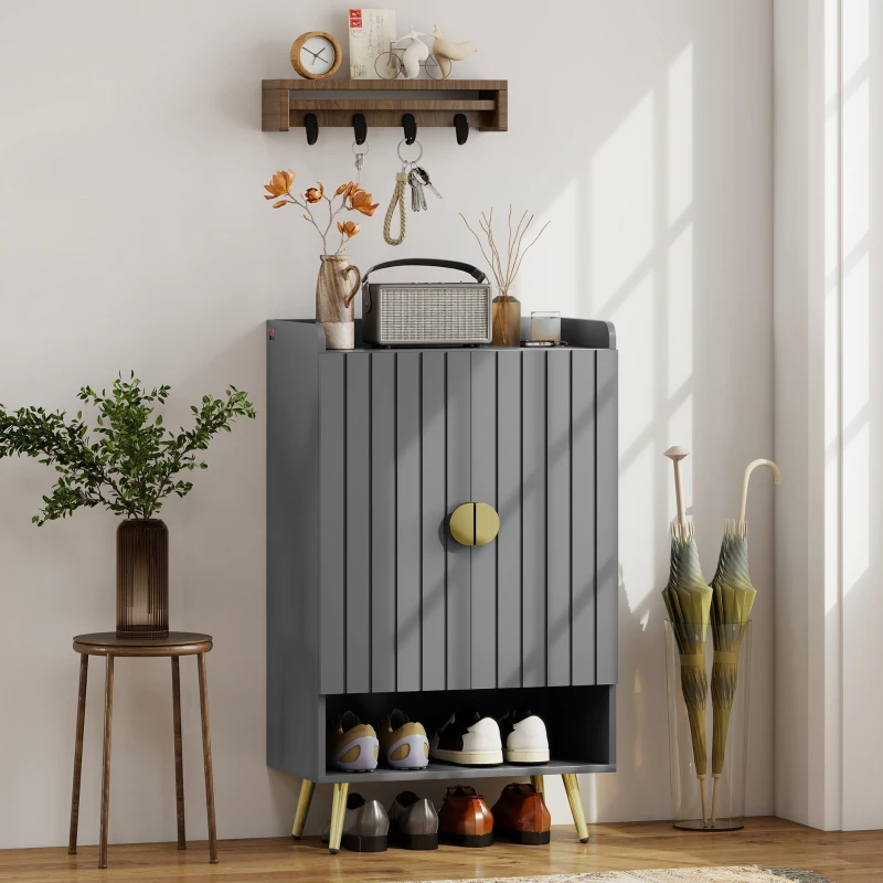 Front view of finished HOMCOM shoe cabinet with grey doors and storage shelves.